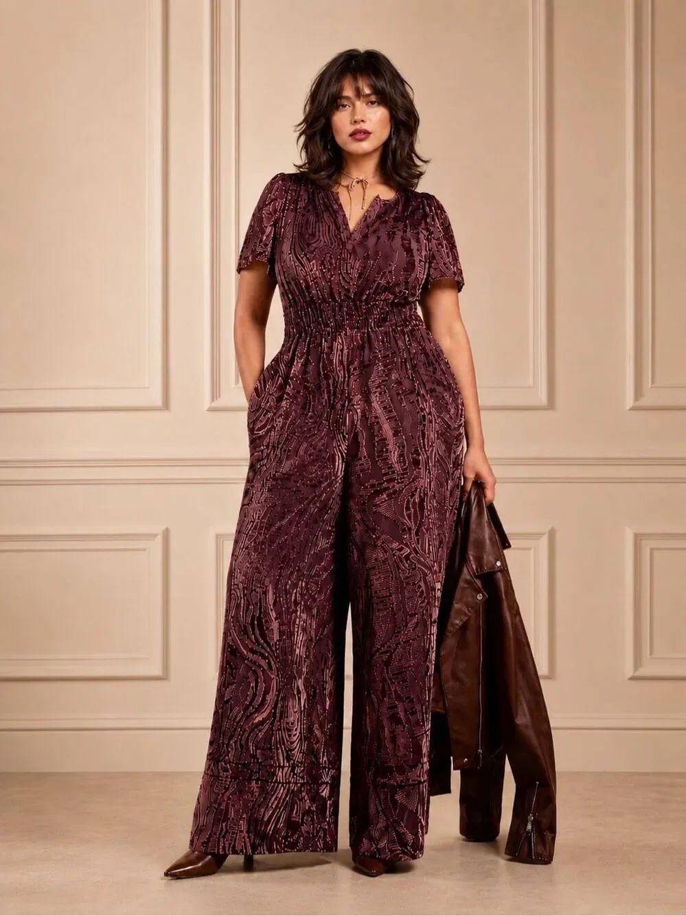 Anthropologie Somerset Velvet Burnout Jumpsuit 1X Plum Wide Leg Plus